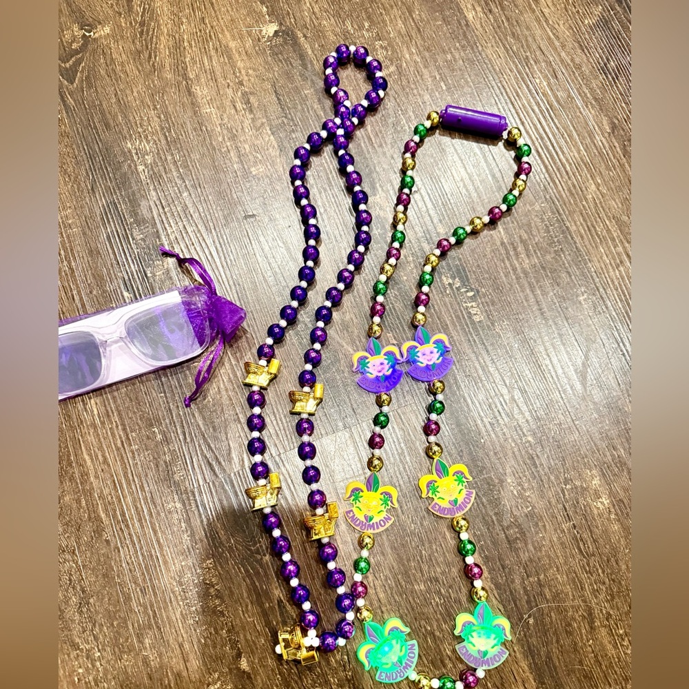 Mardi Gras bundle: two sets of Beads - Tucks and Endymion, Iris sunglasses.